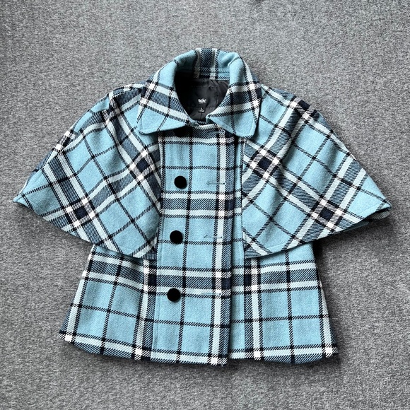 Mossimo Plaid Cape Style Sleeve Wool Blend Pea Coat Sz L Robin Blue - Picture 1 of 12